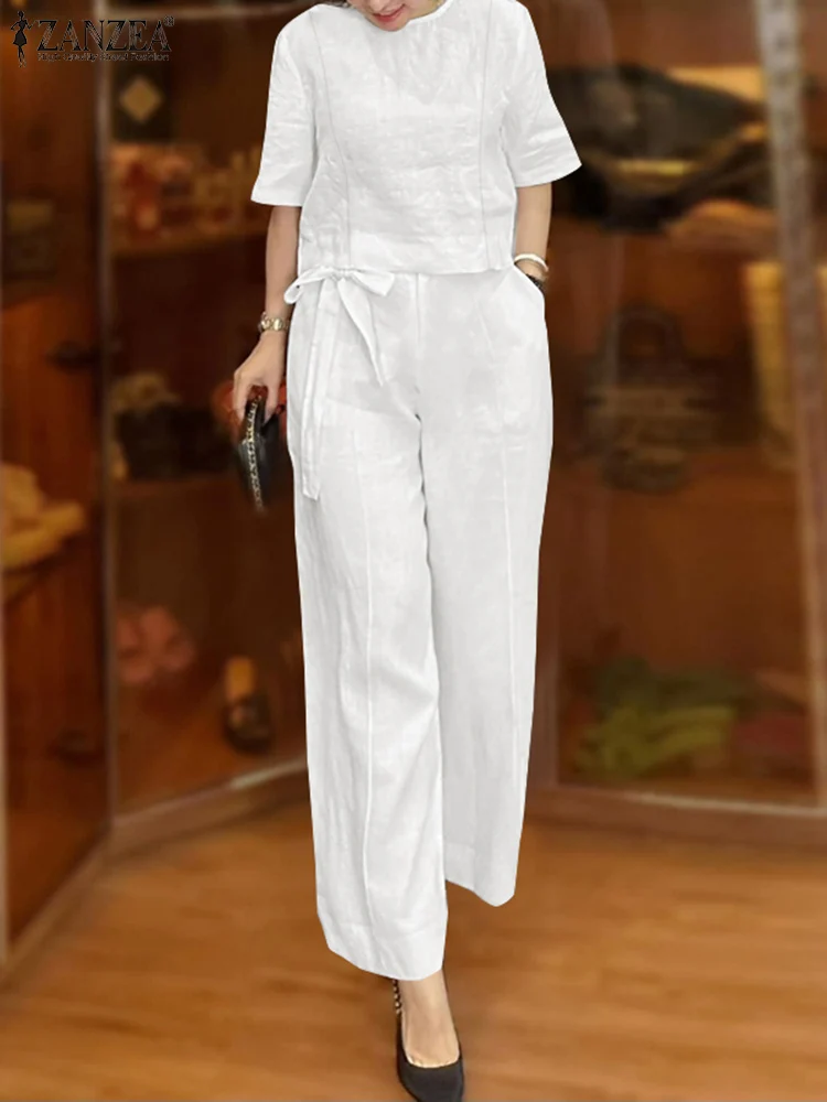 

Элегантные женские офисные брючные костюмы 2024 ZANZEA, летняя блузка с коротким рукавом, повседневные брючные комплекты, подходящие комплекты, спортивные костюмы из 2 предметов