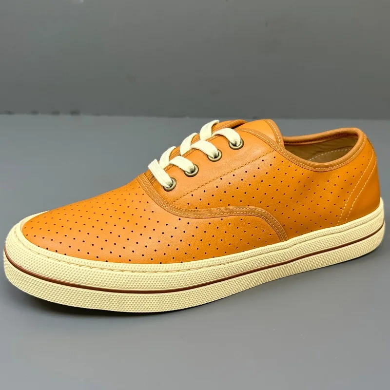 Designer Luxury Sneakers Men's Shoes Summer Breathable Genuine Leather Hollow Out Mesh Casual Fashion Board Shoes Male Flats