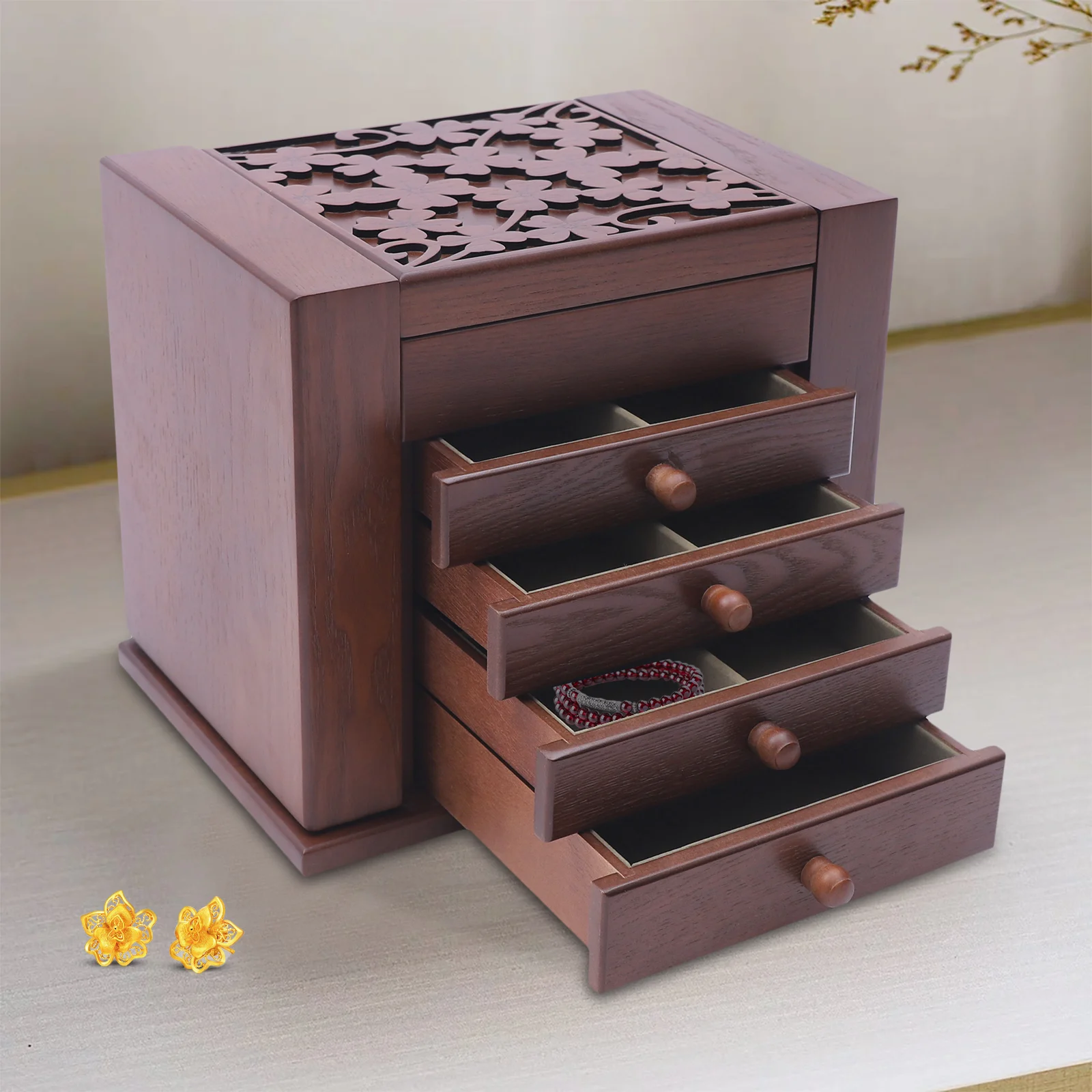 

5-Tier Jewelry Organizer Box with 4 Drawers, 27 Hairpin Slots & 6 Hooks, Compact Storage Case for Earrings Necklaces Bracelets
