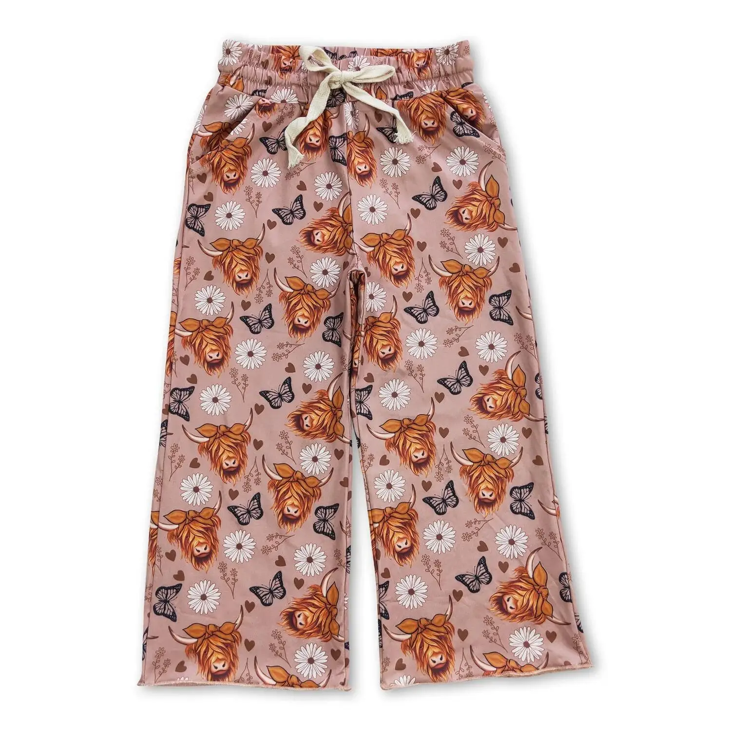 

Baby Girls Highland Cow Butterfly Print Elastic Waist Pants Western Floral Kids Trousers Soft Cotton Butterflower Bottoms