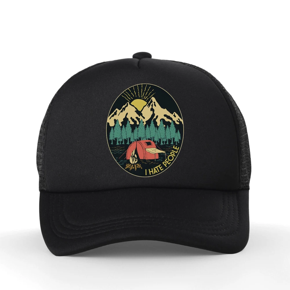 

I Hate People Love Camping Funny Hiking Retro Golf Baseball Cap Unisex Summer Digital Print Mesh Trucker Hat