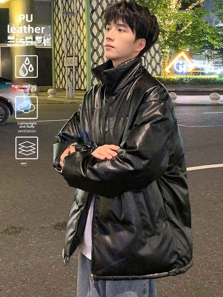 

American Sle Thiened Pu Leather Cotton Jaet Men's Winter High Street Hip Hop Stand Collar Bread Warm Outerwear