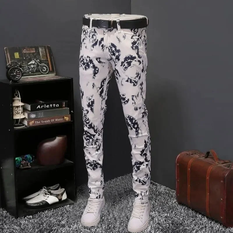 Personalized Print Designer Street Men's Pant Pantalon Homme Trendy Jeans Without Belt Punk Denim Long Pants Hip Hop