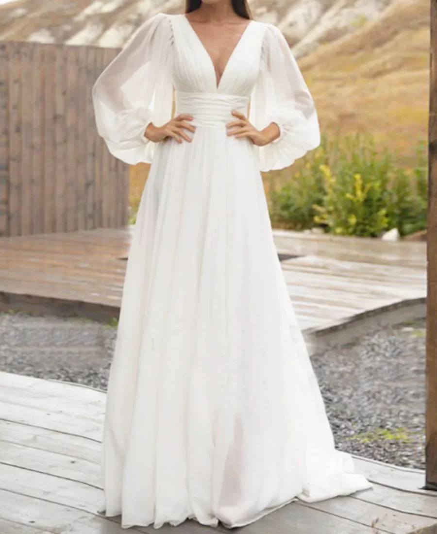 Een Lijn Rugloze Strandbruid Jurk Sweep Trein Chiffon Robe De Mariée Vestidos Eenvoudige Pofmouw Trouwjurk Bruids Lang