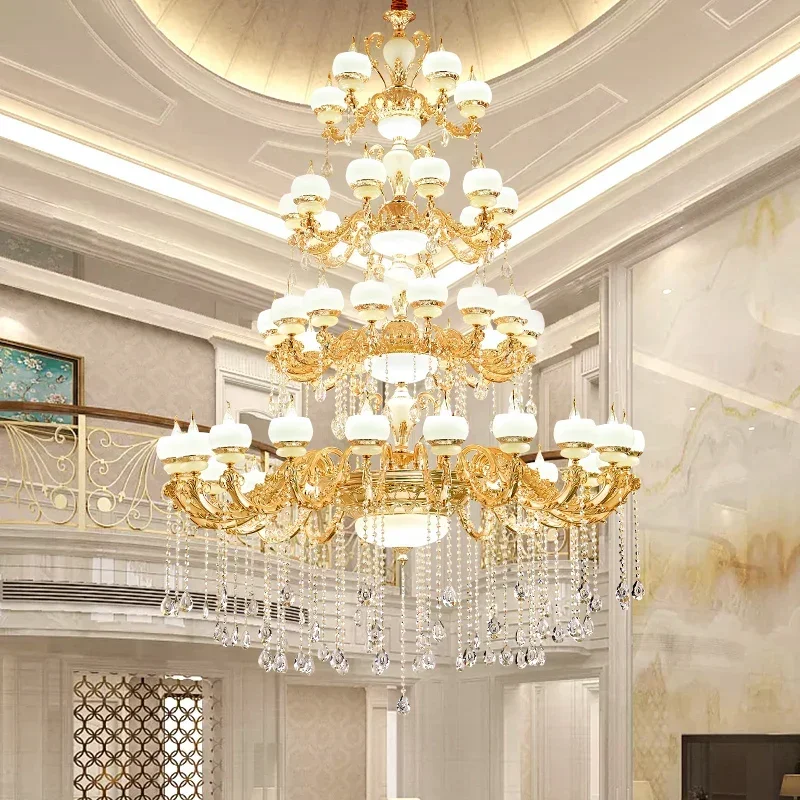 Villa duplex chandelier European style living room building zinc alloy imitation jade luxury atmosphere crystal lamp