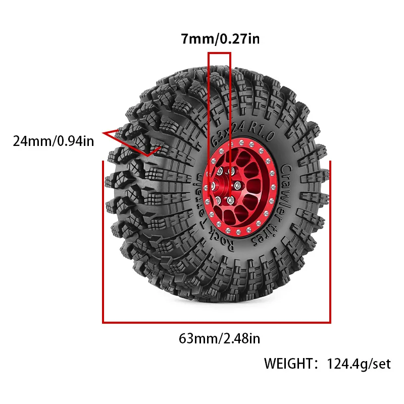 4Pcs 1.0'' Metal Beadlock Wheel Rim Tires for 1/18 Traxxas TRX4M SCX24 Ascent-18 1/24 Axial SCX24 RC Crawler Upgrade Parts