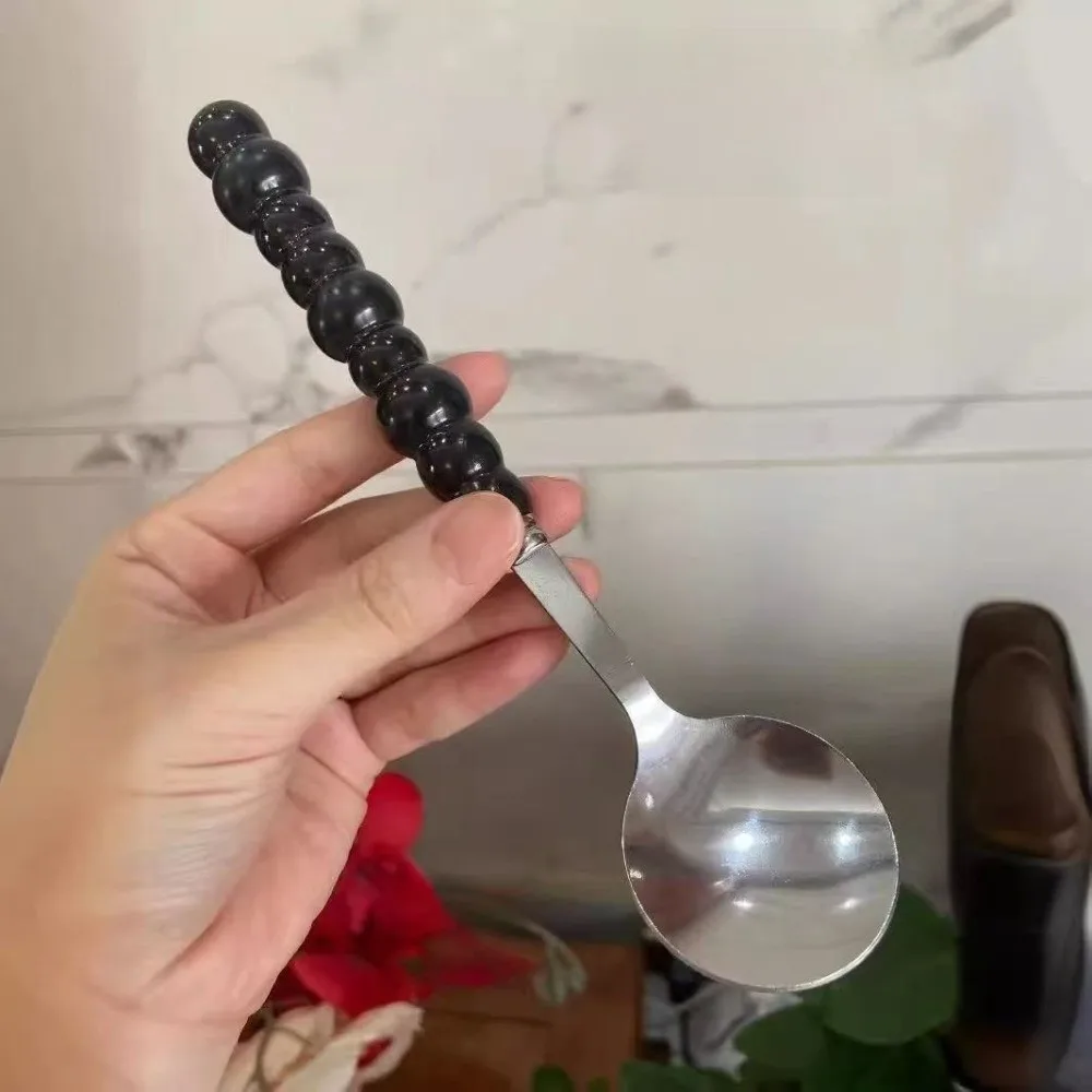 

New Stainless Steel Pearl Handle Spoon Five-color Long Handled Stirring Spoons Imitation Ceramic Dessert Spoon Gadgets