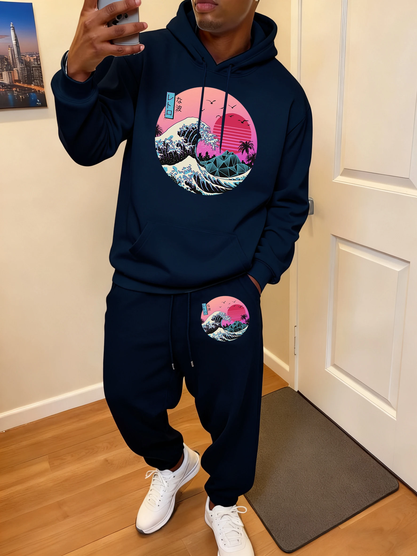 Harajuku Waves And Sunset Print Men Warm Hoodie Set Fleece Autumn Sweatpants Pocket Loose Tracksuit Sport All-Match Jogging Sets