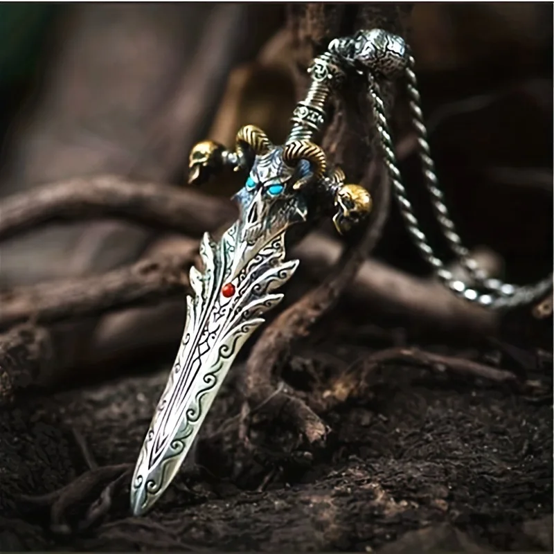 Trends Retro Sheep Skull Ancient Sword Neckle Stainless Steel Chain Goth Devil Neckle Wholesale