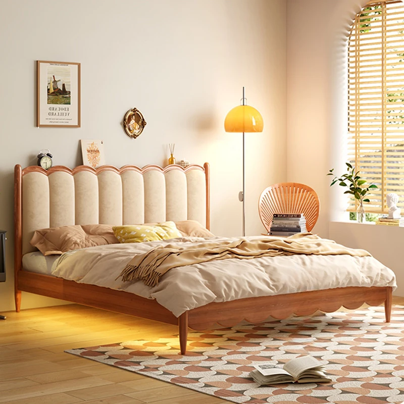 

French oak solid wood bed, modern and simple Nordic Windsor bed, 1.8m retro double bed, velvet soft backrest