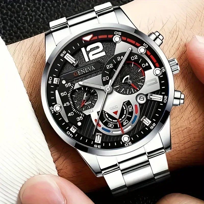 Men's Watch Quartz Men's Watch Calendar Steel Strip Watch Men's Fashion Sports Night Light Pointer Two Watch