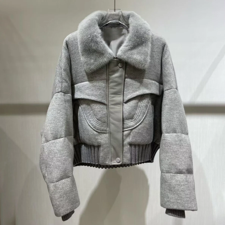 

Короткий кашемировый норковый пуховик с меховым воротником, пуховик, зимняя куртка из натурального норкового меха, модная женская зимняя куртка