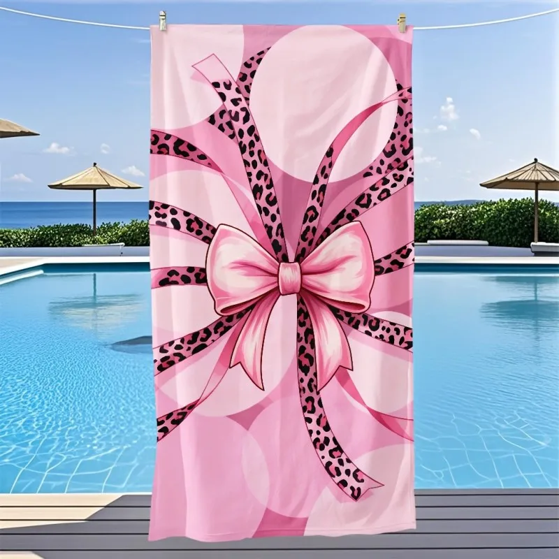Pink Gradient Circle Leopard Print Bow Large Center Graphic Print Microfiber Quick Dry Beach Towel Coquette Girly Style
