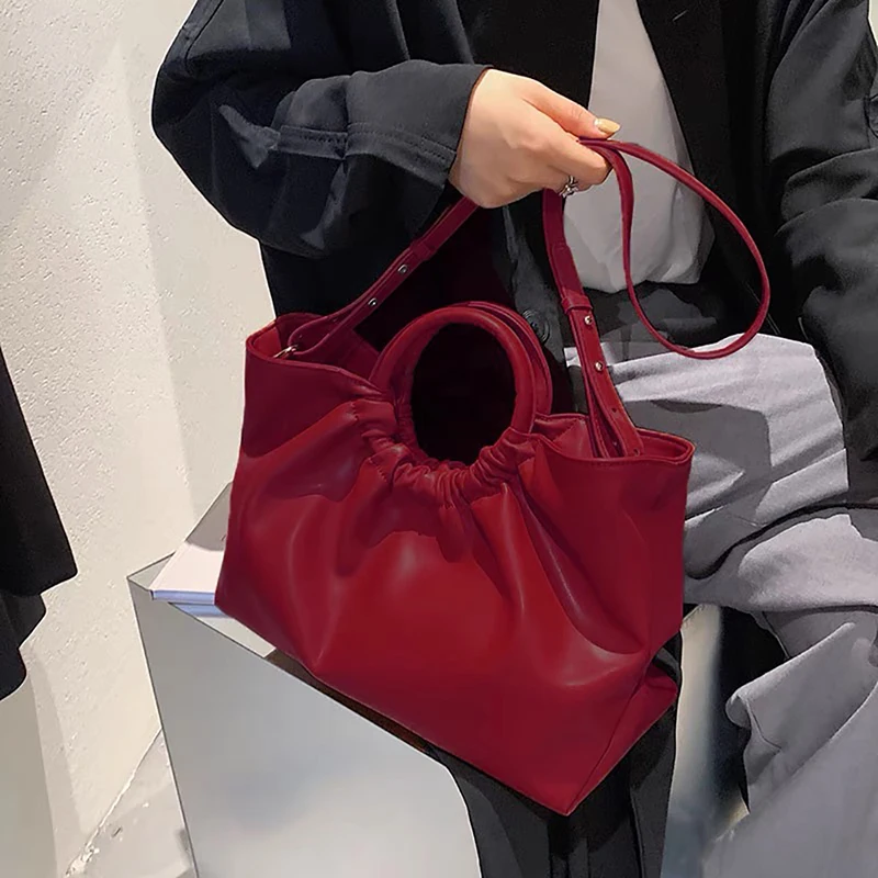 Red High Quality Large Capacity Tote Bag Fashion Soft Leather French Pleated Design Handbag Women\'s Casual Commute Shoulder Bag