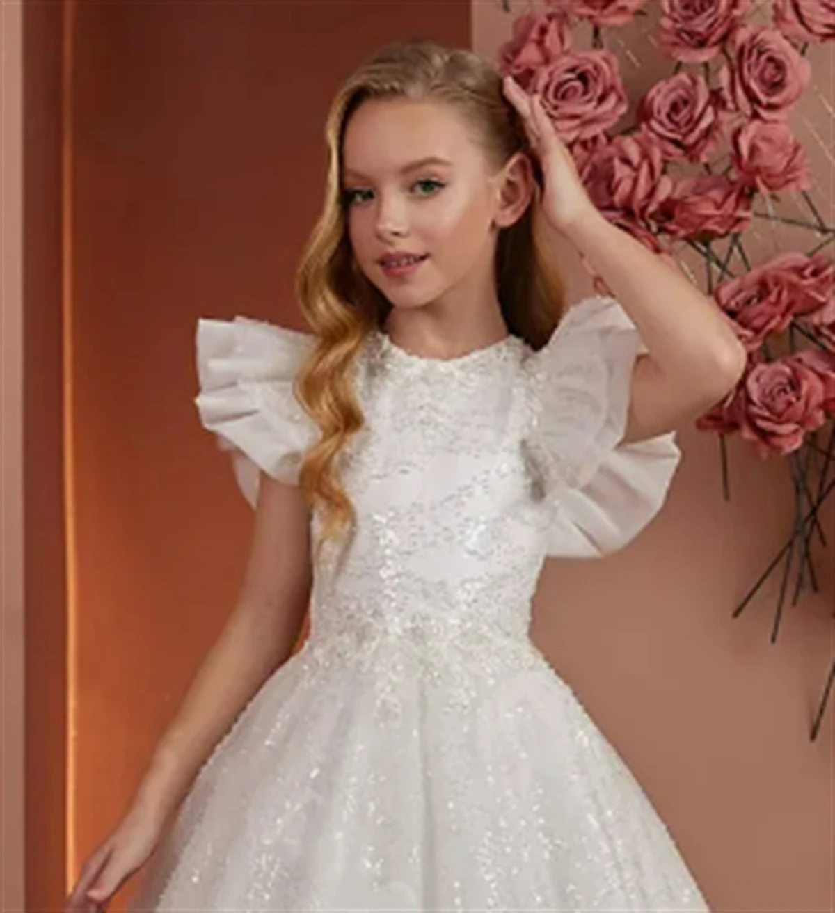 Flower Girl Dress White Fluffy Tulle Sparkle Applique Ruffle Sleeve Wedding Flower children's First comunione Birthday Party Dress