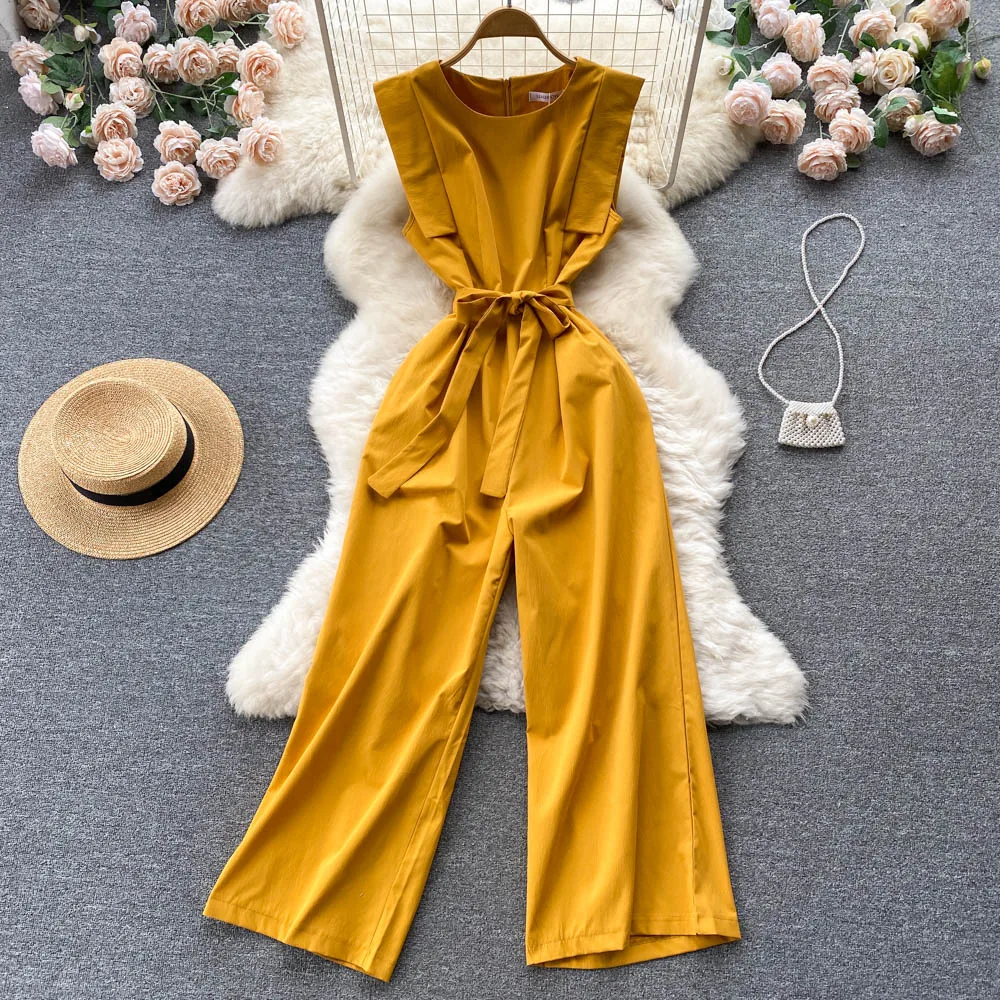 

Commute Inspired Svel Jumpsuit Women's Summer Faion High Waist Wide Leg Pants Pure Color Belted Waist Design
