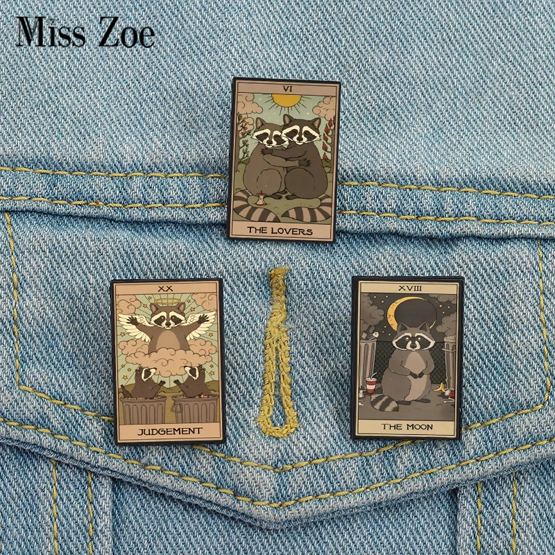 

Raccoon Tarot UV Print Pins Custom JUDGEMENT THE LOVERS THE MOON Brooches Lapel Badges Clothes Animal Jewelry Gift for Friends