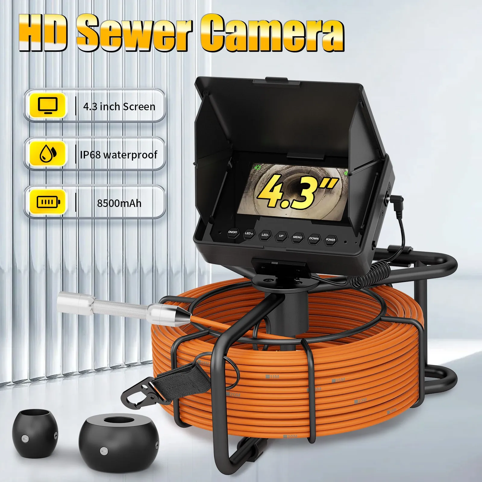 Endoskop Industri Saluran Pembuangan 4.3 Inci 10M/20M/30M 720P Kamera Pipa Saluran Pembuangan IP68 Baterai 8500MAH untuk Inspeksi Pipa Saluran Pembuangan
