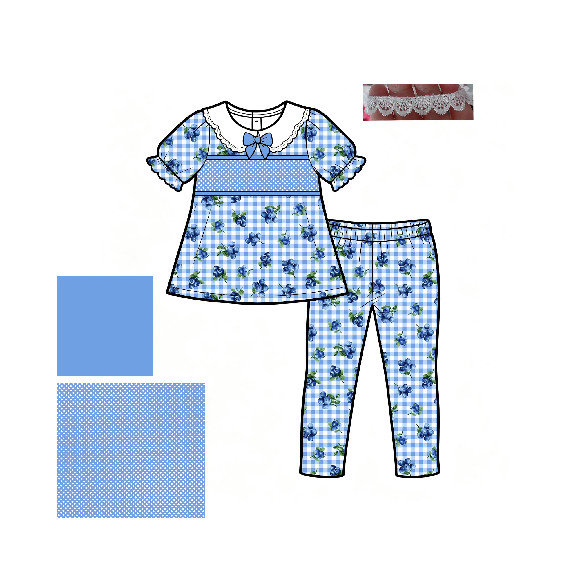 Custom Girls Floral Fruit Castle Print Girls Lace Collar Bow Short Sleeve Top Matching Print Leggings Set