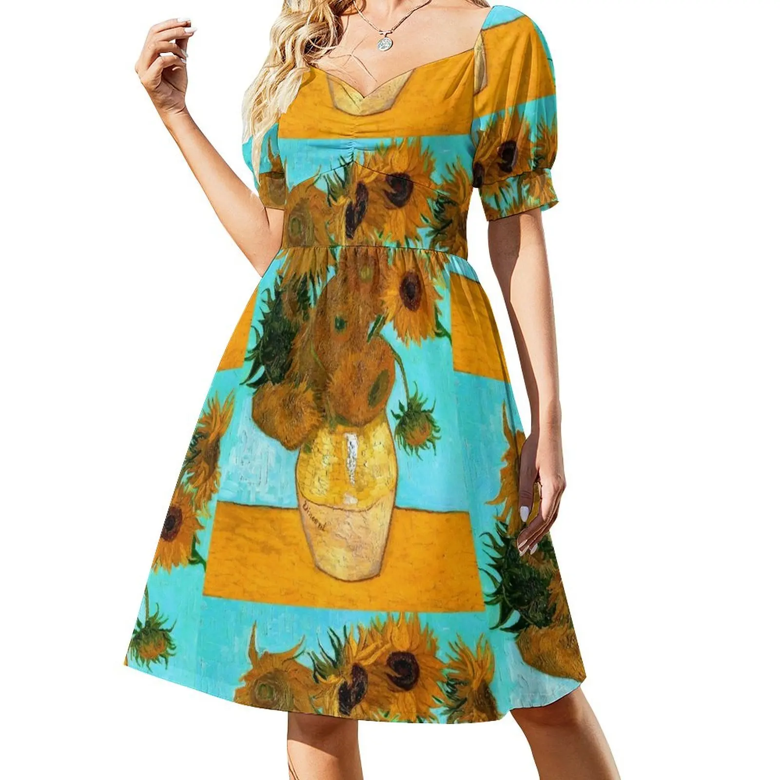 

Van Gogh - Still Life Vase with 12 Sunflowers Short-Sleeved Dress chic and elegant evening dress evening dress woman