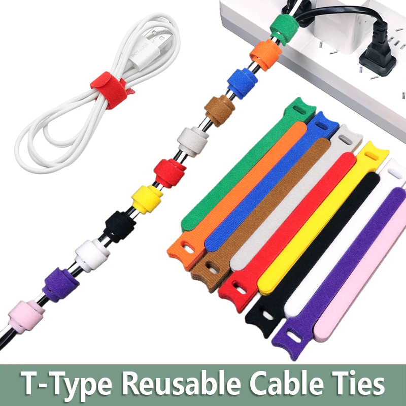 10/50Pcs T-Type Cable Ties 150/200/250/300mm Reusable Fastening Bundle Hook Loop Tape Adjustable Wire Strap Belt Cable Organizer