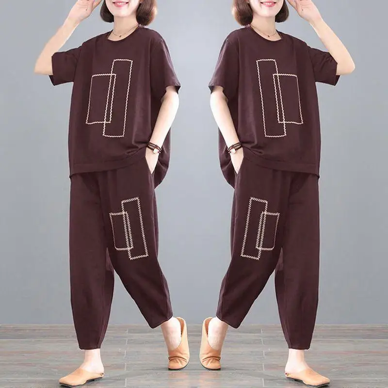 Summer New 200 Pounds Large Size T-shirt and Wide Leg Pants Two-piece Set for Women's Loose Covering Belly Slimming Trendy Suit