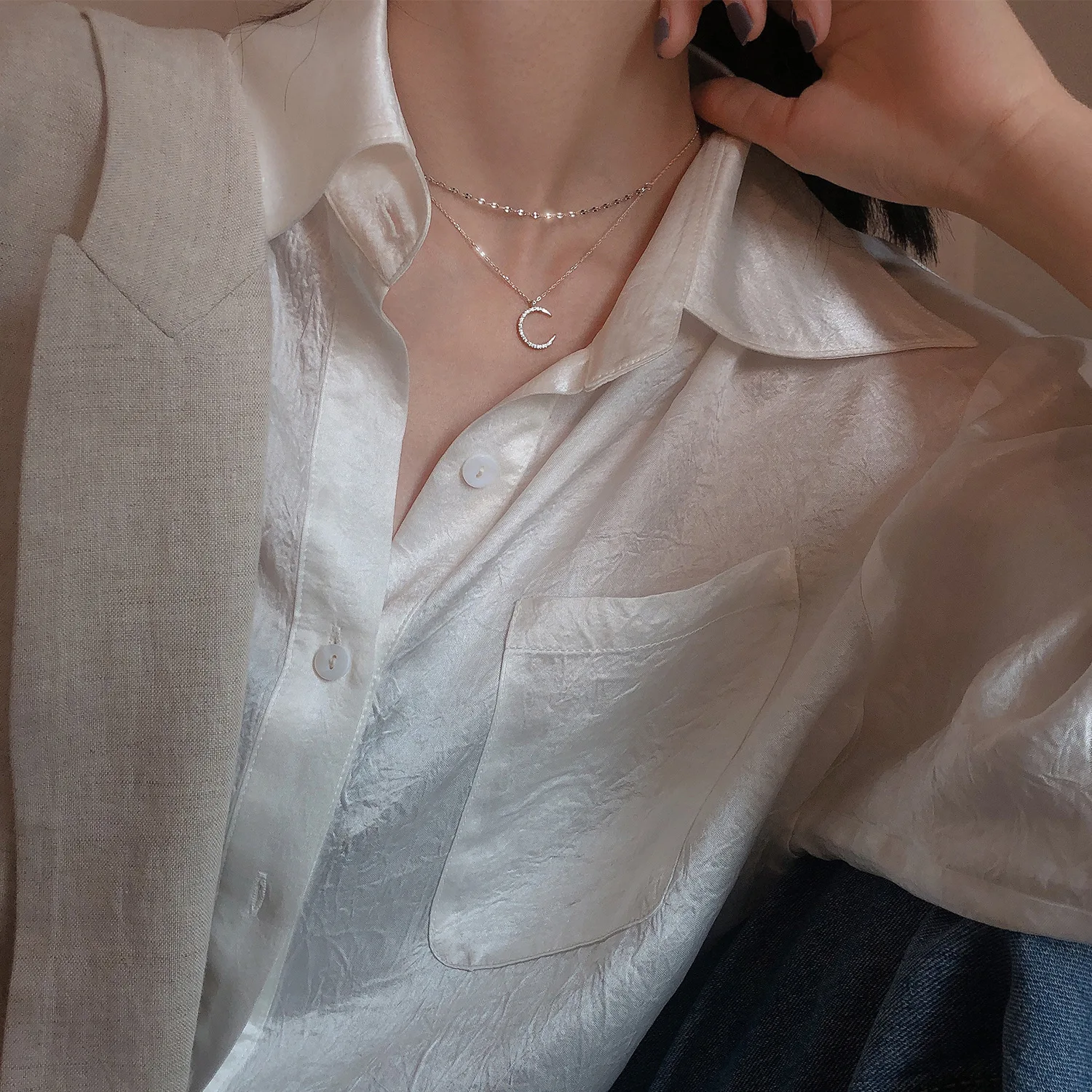 CIAXY Silver Color Stars and Moon Inlaid Zircon Necklace Women Double-layer Clavicle Chain Choker Necklace  Jewelry