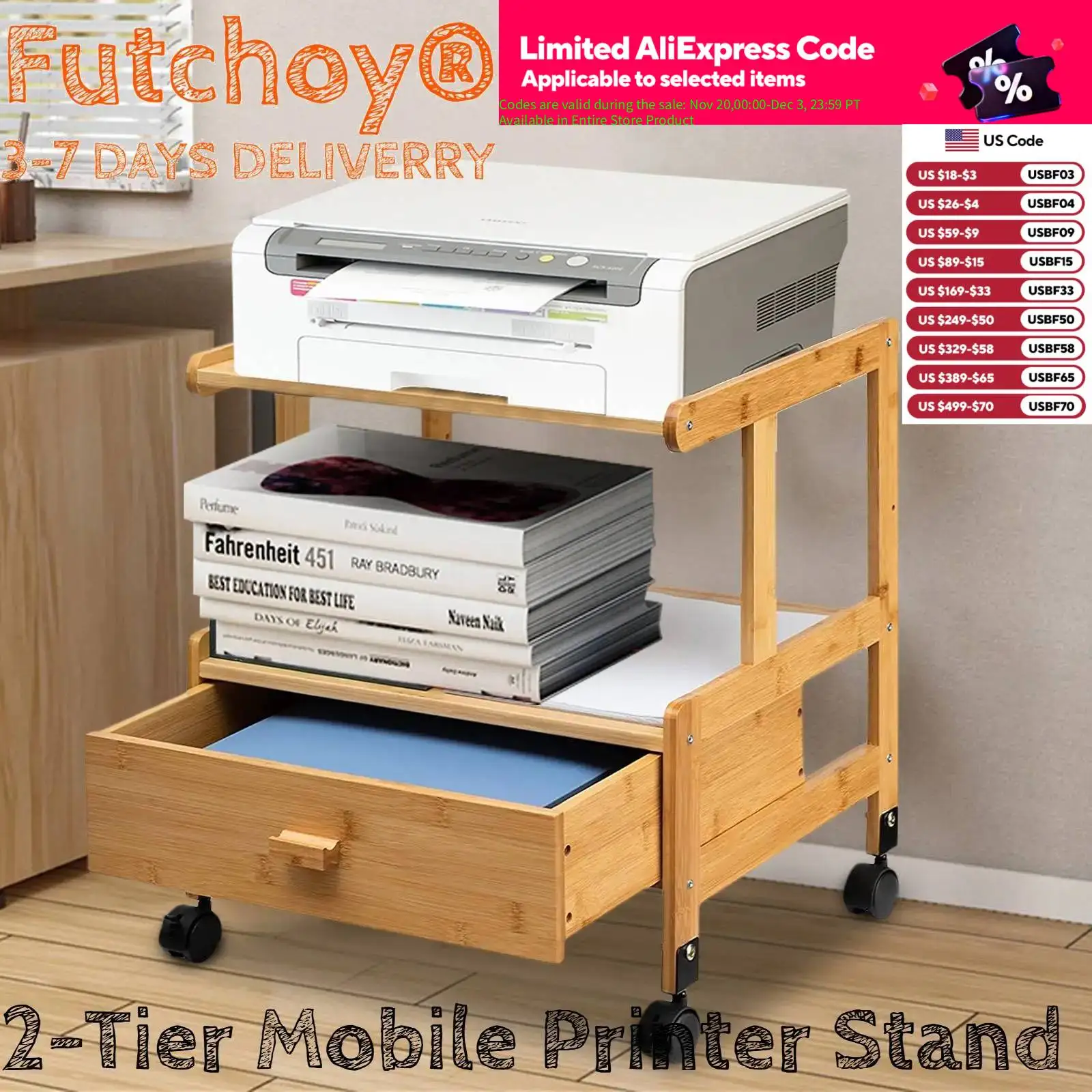 

2-Tier Mobile Printer Stand, Modern Storage Shelf with Wheels as kitchen organizer, plant for bedroom, balcony, study, office