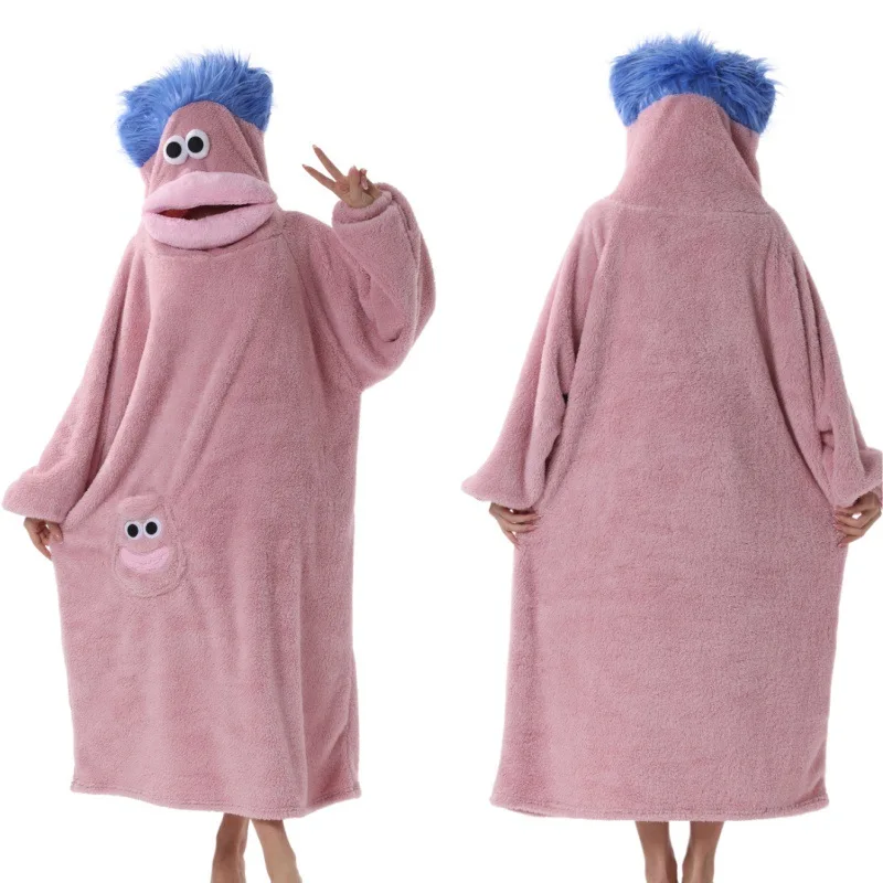 Pink Big Mouth Monster Hooded Wearable Blanket Robe Fluffy Coral Fleece Warm Loose Sleepwear Cute Cartoon Indoor Pajamas Couple