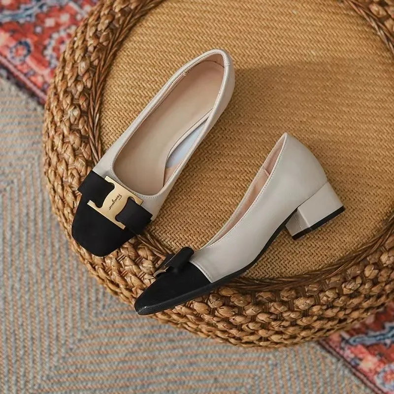 Women\'s Single Shoes Summer New Low Heel Square Head Metal Decorative Oxford Shoes Fashion Comfortable Soft Soled Leather Shoes
