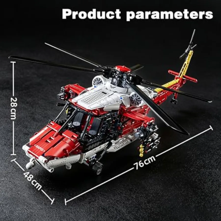 Rescue Helicopter Building Block Set for Adults: ABS Plastic, Black-Red, Motor-Driven Rotors RC Functionality