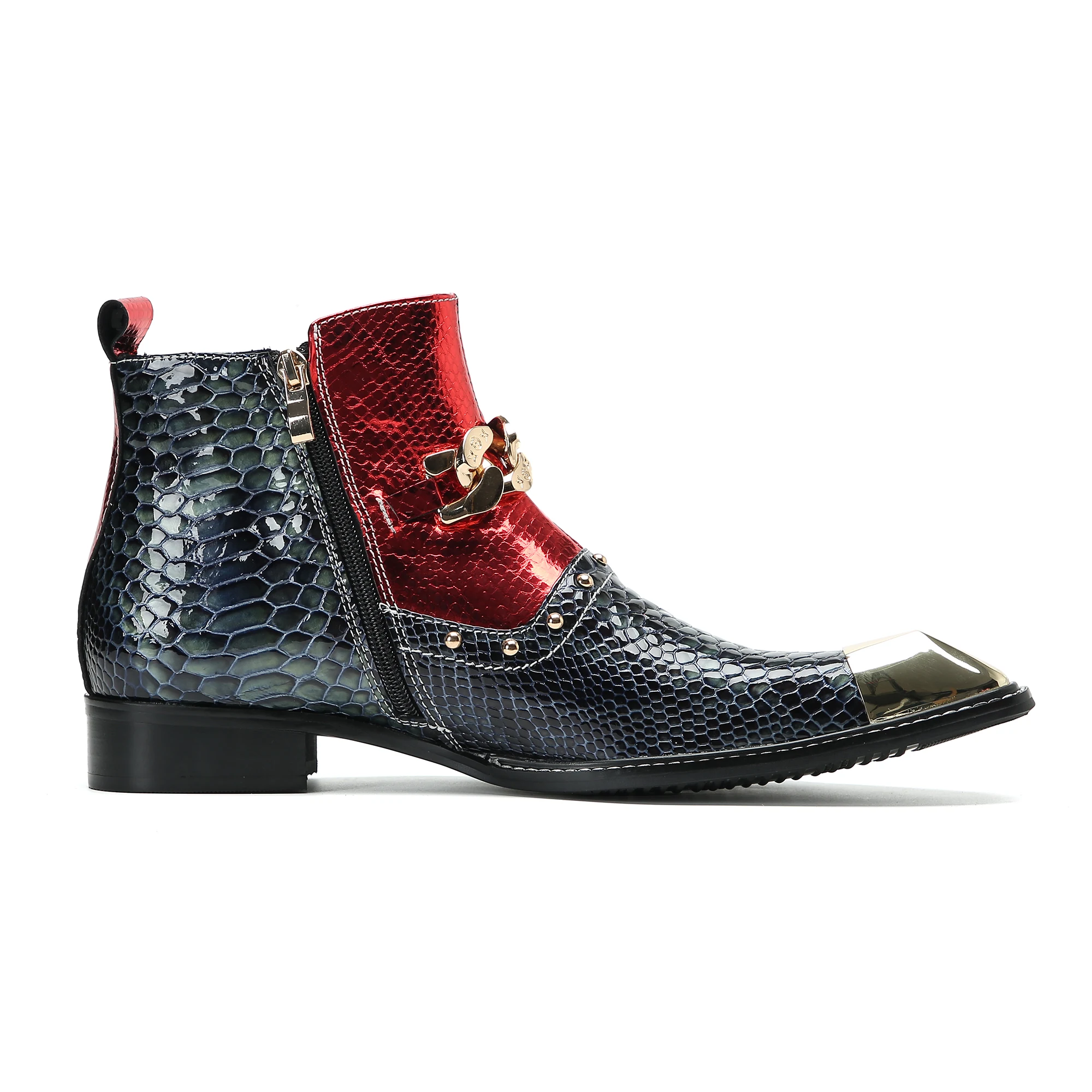 Board Luxus hand gefertigte Herren stiefel goldene Metall zehe blaue Leder Stiefeletten Herren Reiß verschluss Schnallen Rock Party und Hochzeit Botas Schuh – Detail 8