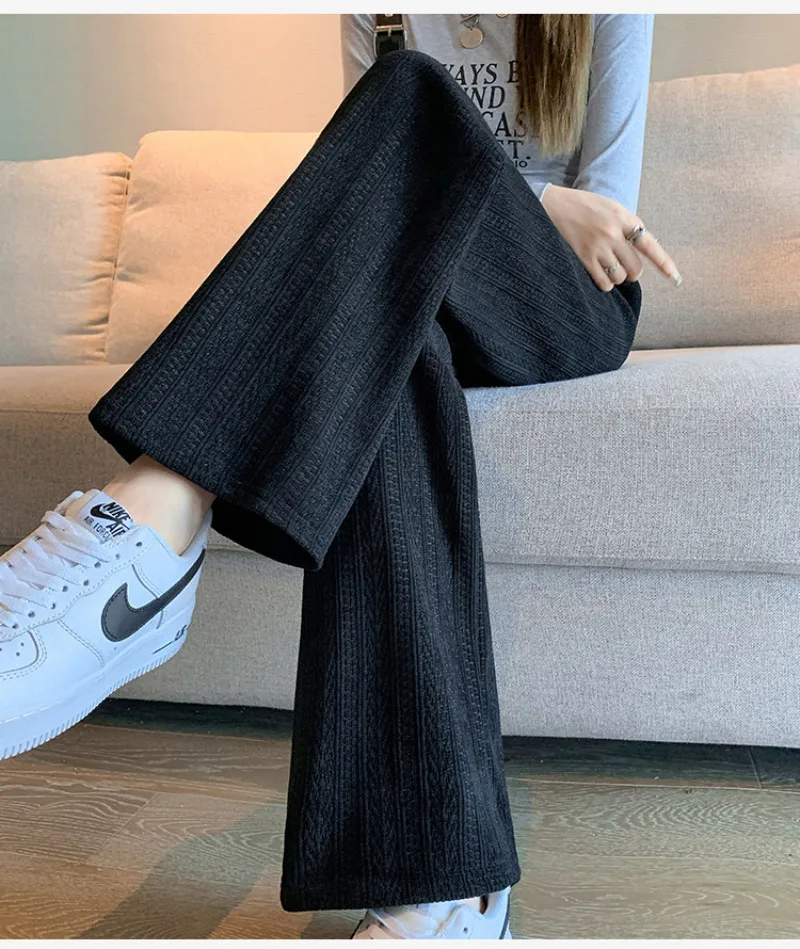 Women Sport Casual Pants Pleated Knitted Wide Leg Pants  Loose Outdoors Trousers Simple Homewear Elastic Waist Solid Colors