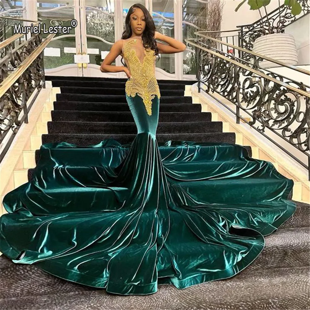 African Mermaid Prom Vestidos com Cristais Dourados, Beading, Veludo Verde, Vestidos Formais de Festa, Mulheres Dinner Clothing, Tailor-Made