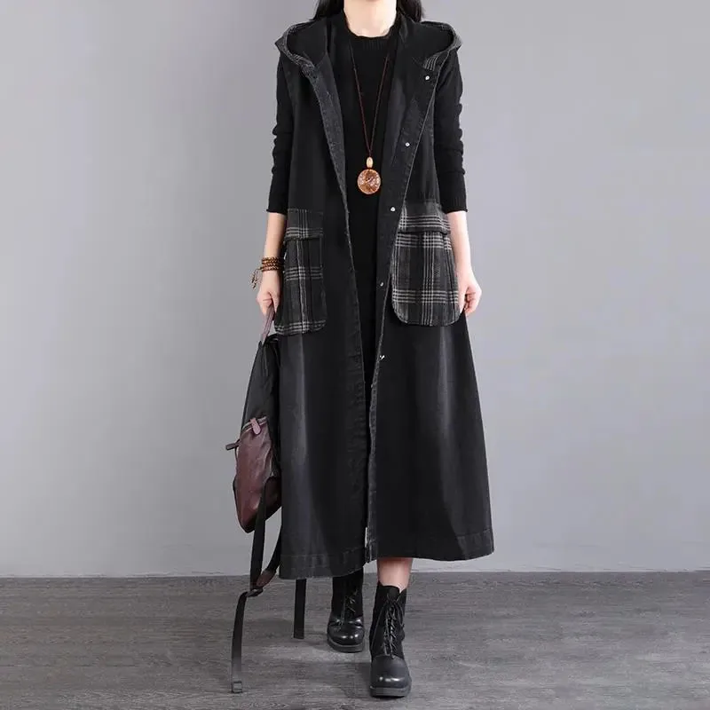 

Spring Autumn Vintage Denim Vest Women's Long Hooded Sleeveless Waistcoat Jacket Korean Large Size Jeans Windbreaker Coat