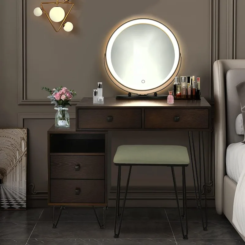 Vanity Set, Wooden Makeup Dressing Table with 3 Colors Lighted Mirror & Stool, Left or Right Side Cabinet, Lipstick Storage Box