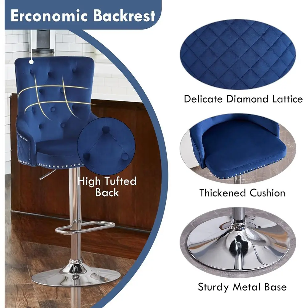 Set of 4 Velvet Swivel Bar Stools with Lion Pull Ring, Upholstered High Back Counter Height Chairs, Modern Adjustable Kitchen Is