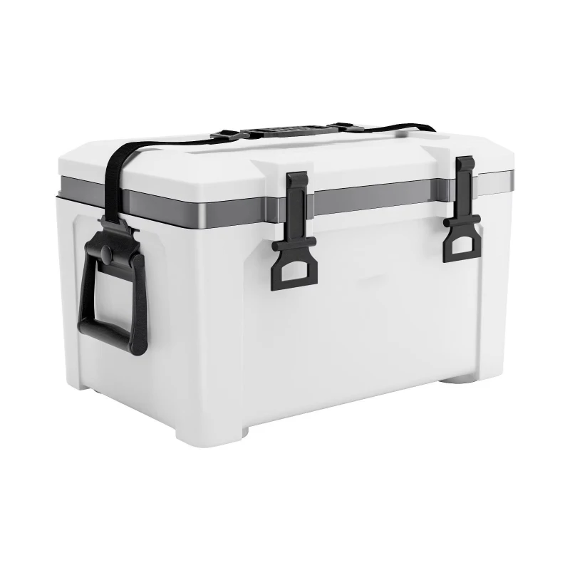 Portable, hard cooler, lightweight hard material, with heavy-duty handle and shoulder strap for excellent ice retention