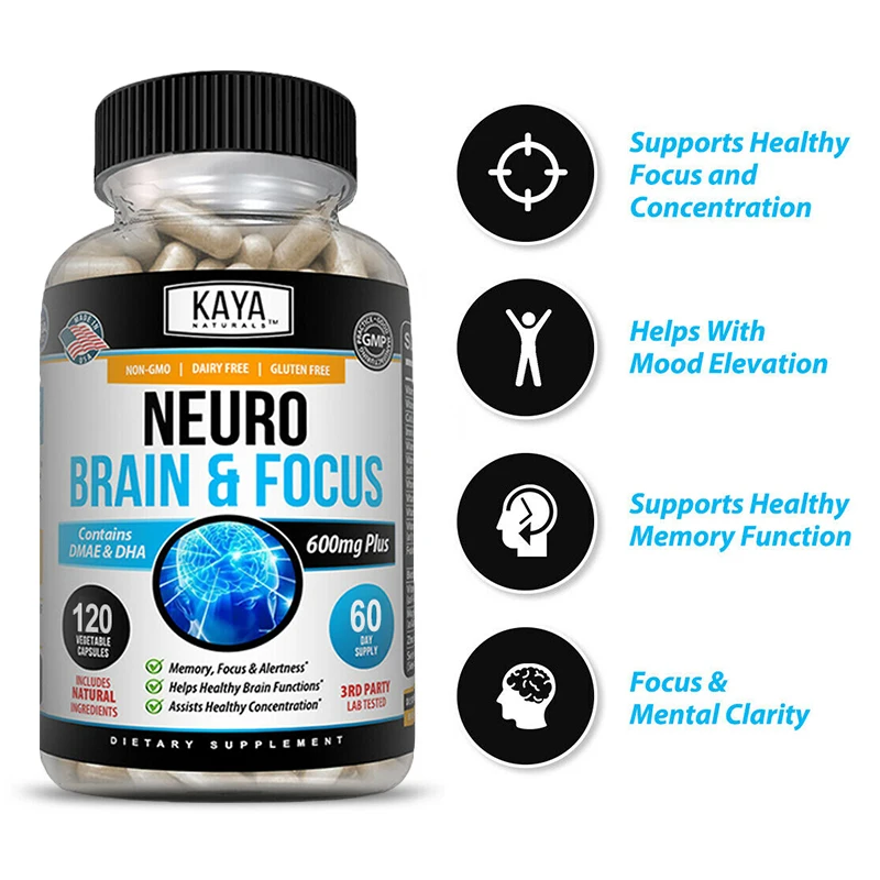 อาหารเสริม nootropic สำหรับหน่วยความจำและโฟกัส-สำหรับการเตือนจิตใจ, หน่วยความจำ, โฟกัสและความสนใจ, ความรู้ความเข้าใจ, neurokines, Non-GMO