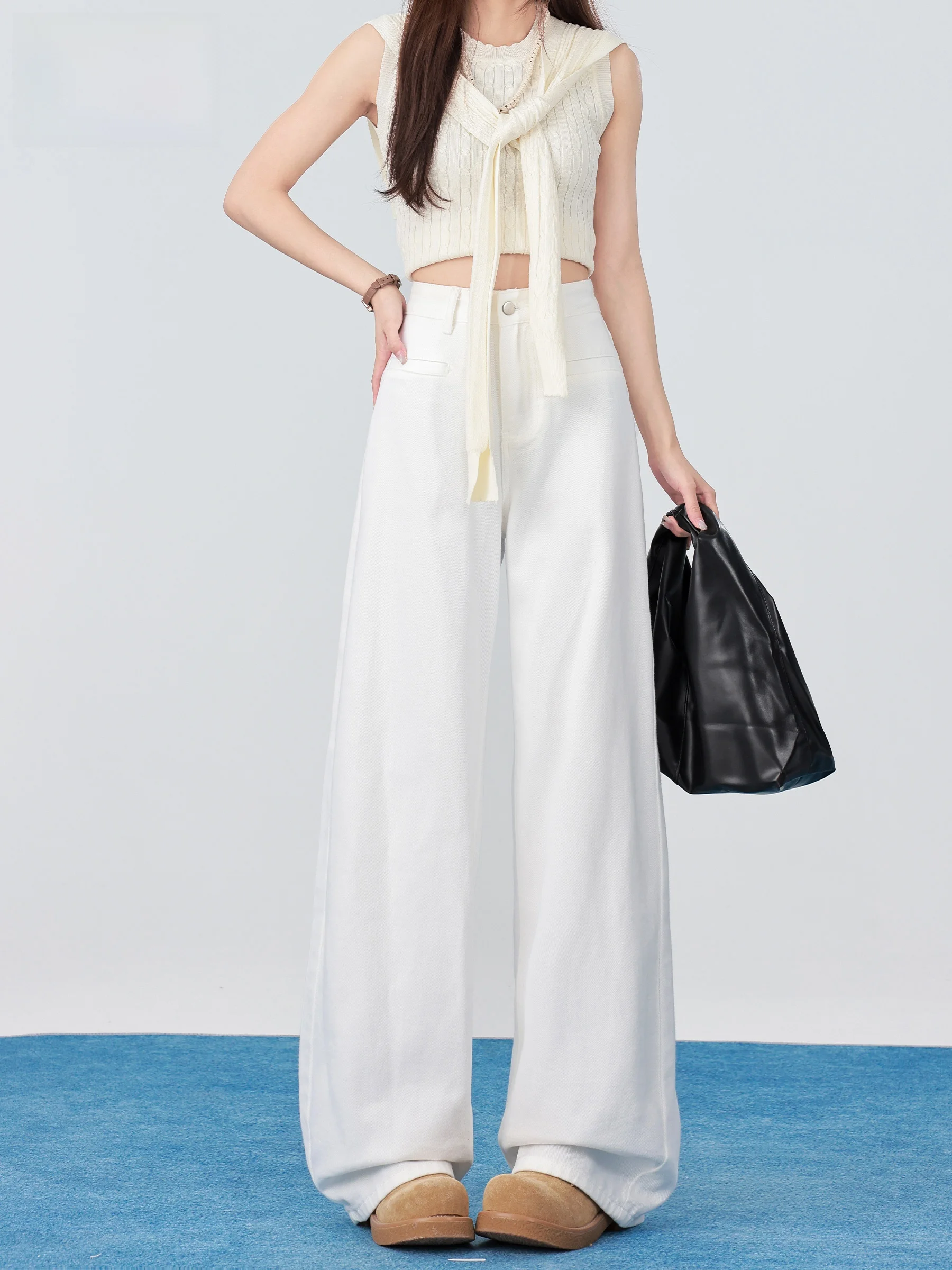 

Женские джинсы с высокой талией и широкими штанинами, белые, свободного кроя, драпированные, в пол, прямого силуэта, осенняя новинка, стройнящие