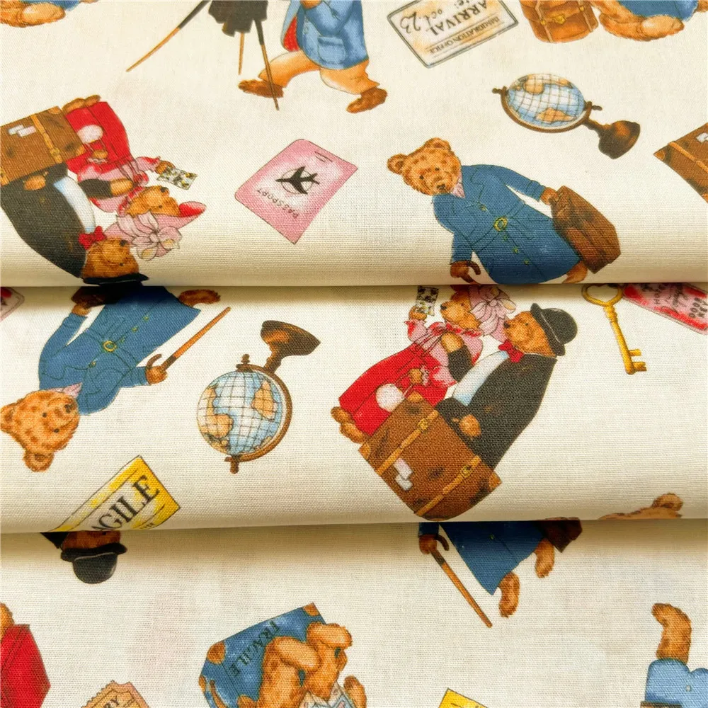 vintage Travel Bear pattern cotton fabric plain dress fabric handmade DIY curtain tablecloth