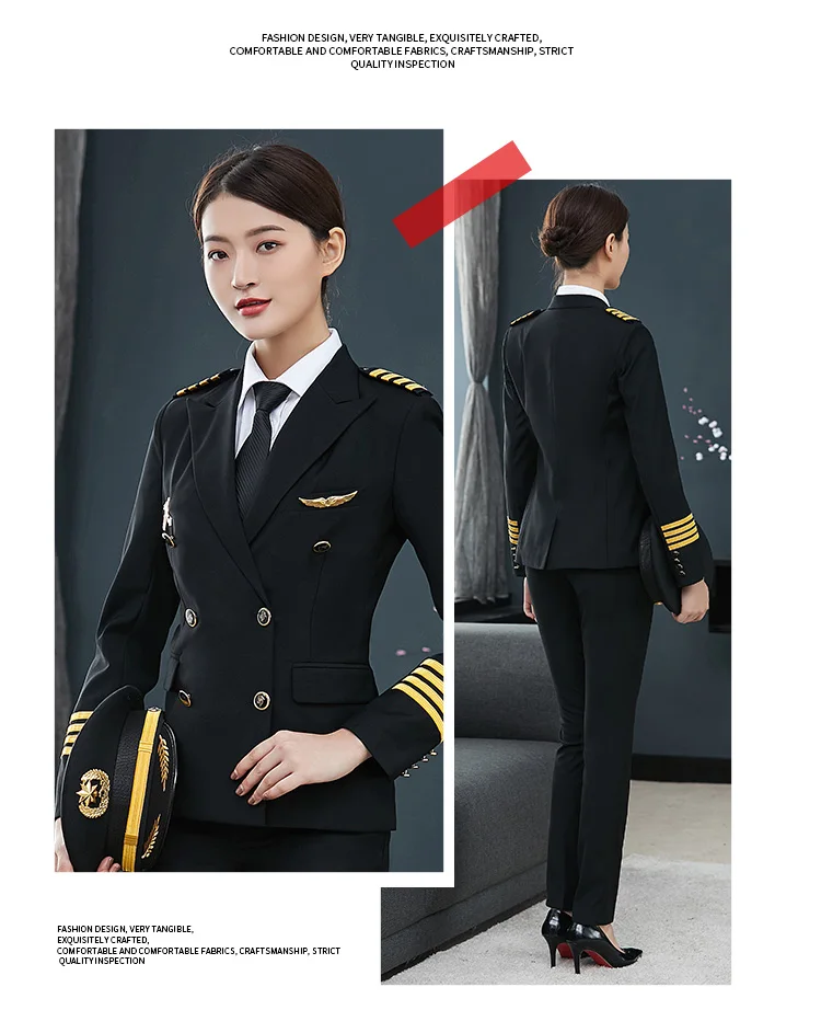 Pilot Uniform Women Airline Air Hostess Flight Attendant Aviation Uniforme Aviator Workwear Jacket Pants Pilot Suit Costume