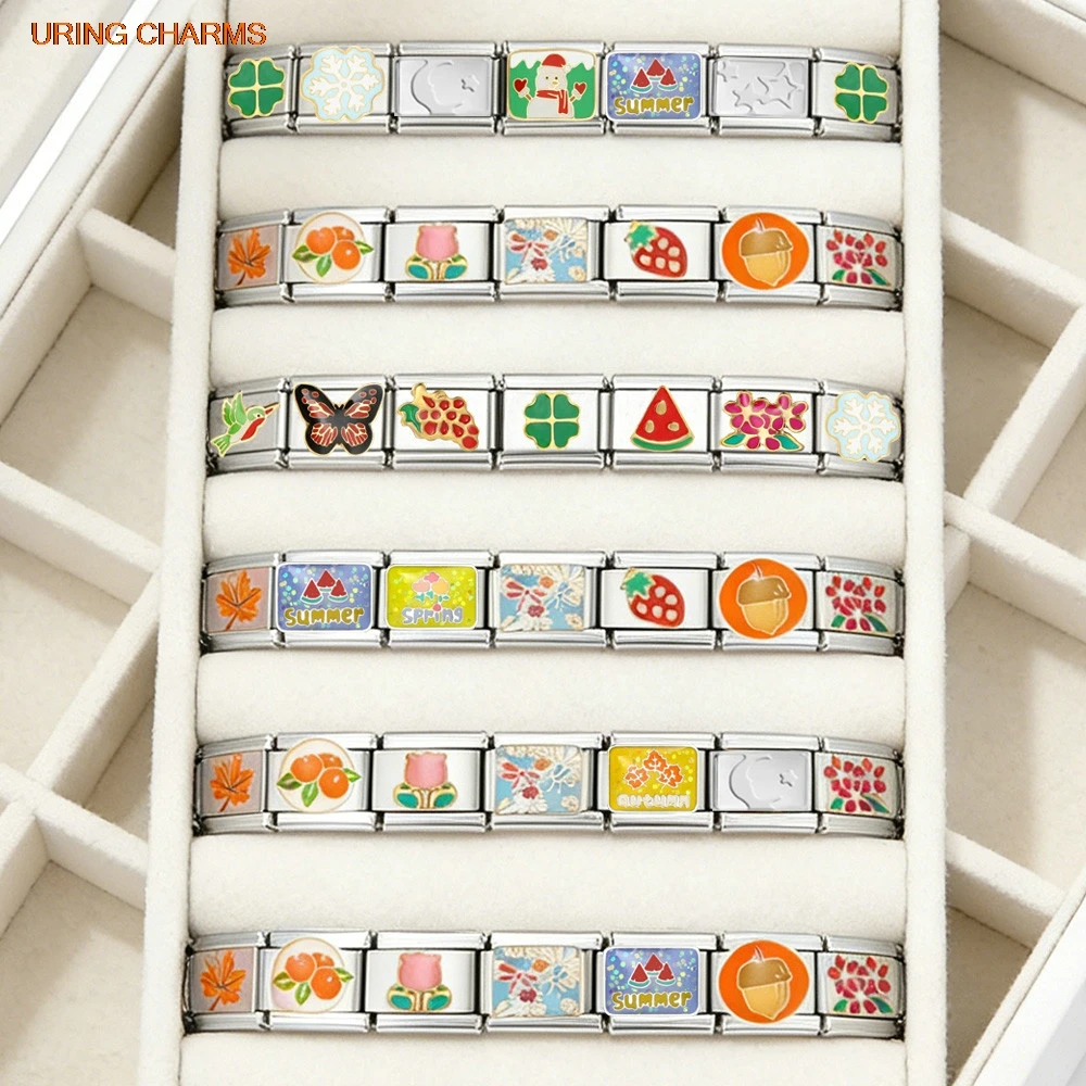 URING Creative Four Seasons Spring Summer Autumn Winter Italian Charms Link Fit 9mm Stainless Steel Bracelet Making DIY Jewelry