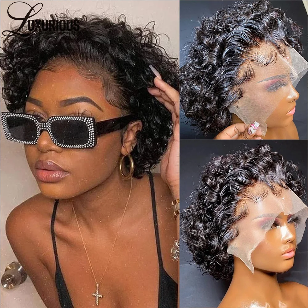 Short Curly Hd Transparent Lace Frontal Wigs Pre Plucked Pixie Cut Wigs For Black Women Brazilian Remy Human Hair Lace Front Wig