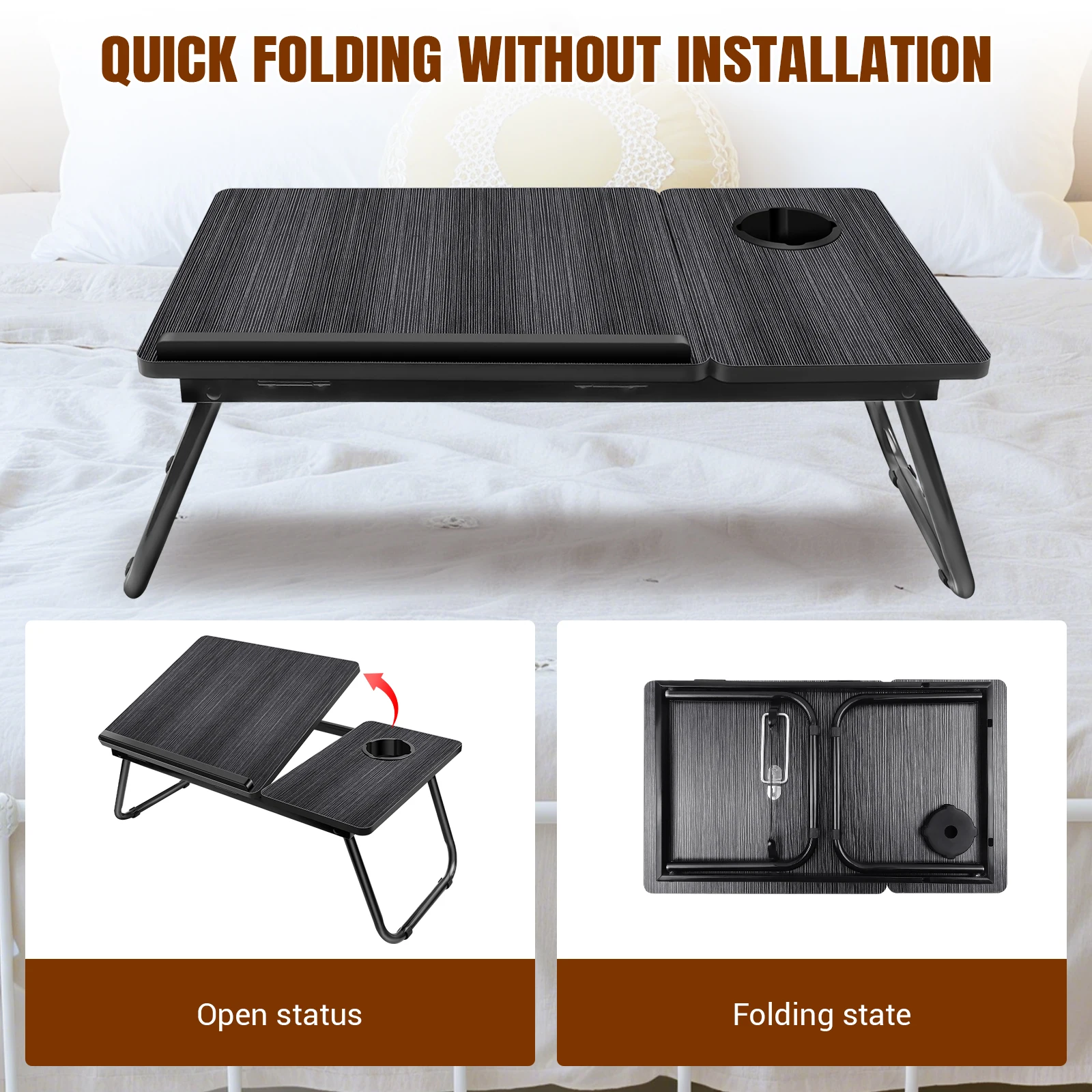 Laptop Bed Table Adjustable Laptop Desk with Foldable Legs Cup Holder & Book Stand Tray Table for Home Office Studying Read