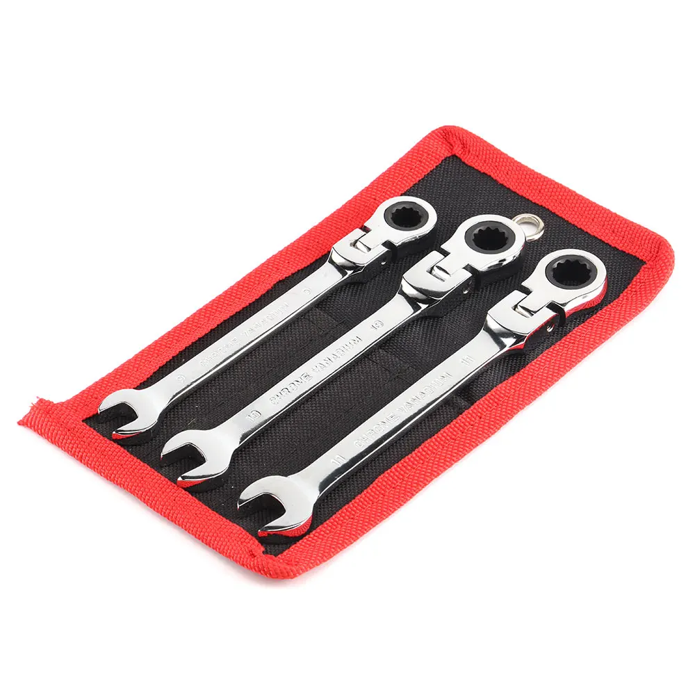 9 10 11mm Ratchet Wrench Set of Keys Spanner Flexible Fixed Head with Storage Pouch