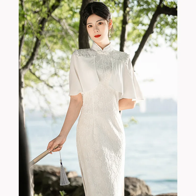 

White Lace Cheongsam Chinese Style Young Girl Retro Temperament Slim Long Improved Version of Dress New Wholesale Summer 2023