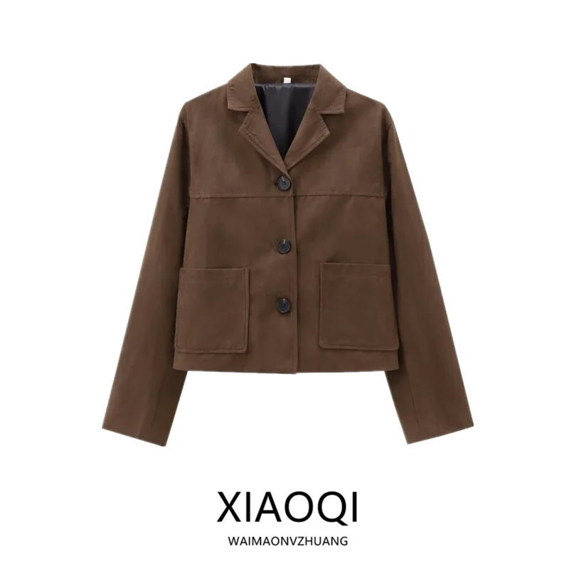 Fall 2024 Women's Versatile Brown Velvet Short Jacket Moneyed Style Casual Loose Fit Regular Length Fashion Outerwear