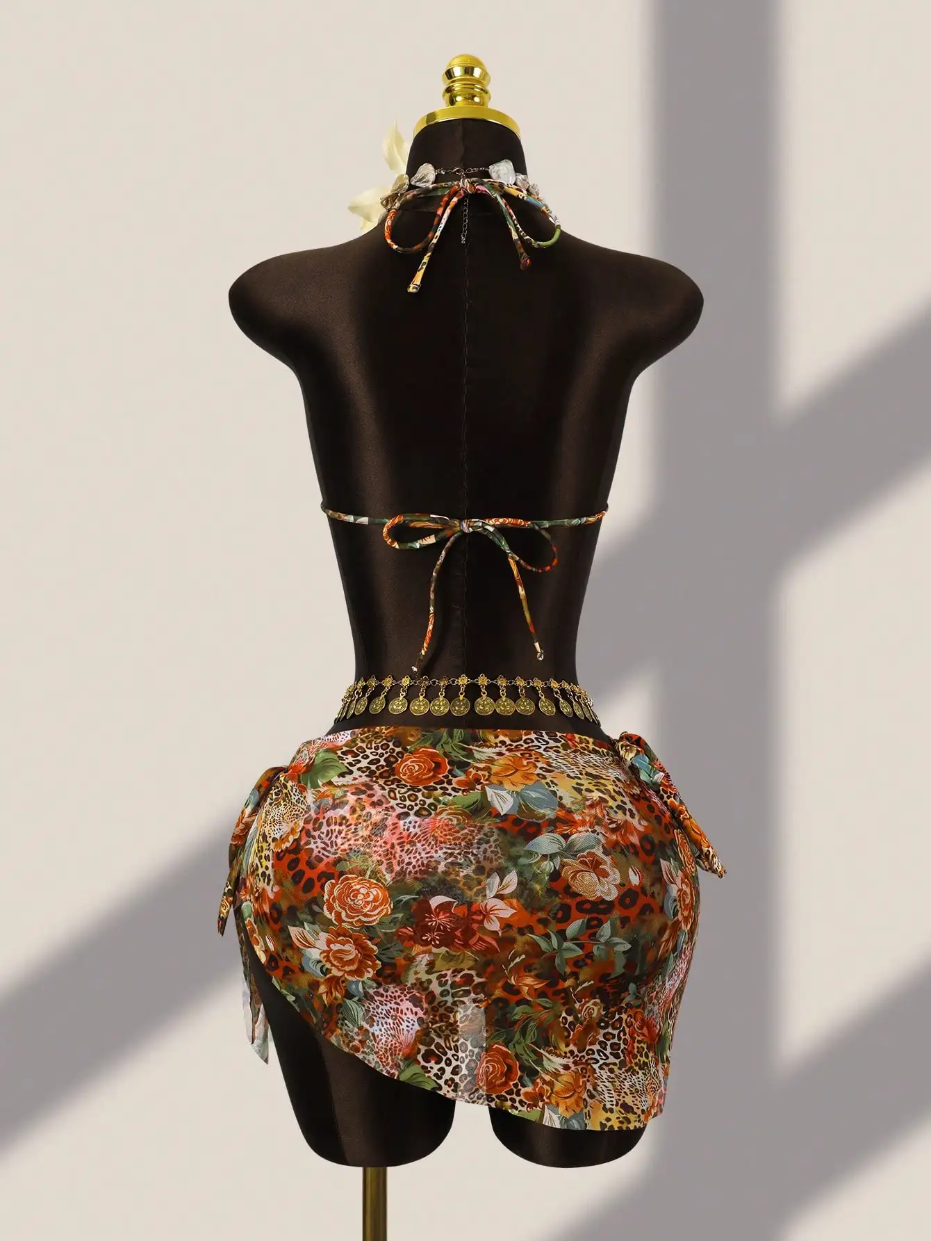 

Комплект бикини из 3 предметов с цветочным и леопардовым принтом, с завязками на шее и поясом с монетами