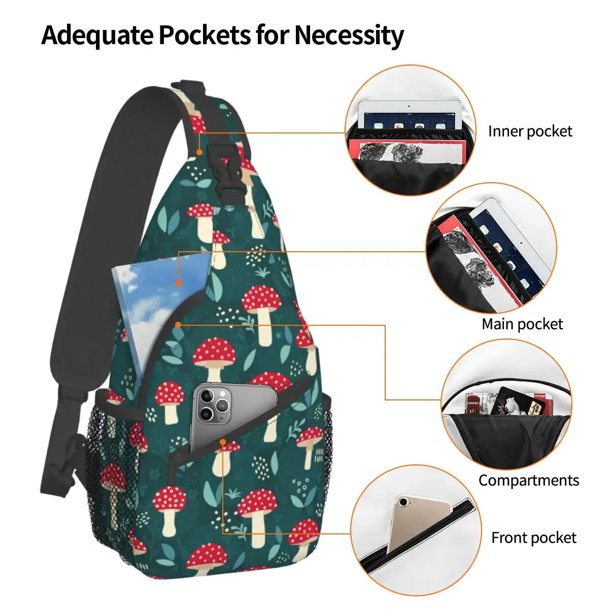 Colorful Mushroom Sling Bag Chest Crossbody Shoulder Backpack Travel Hiking Daypacks art cartoon Fashion Pack